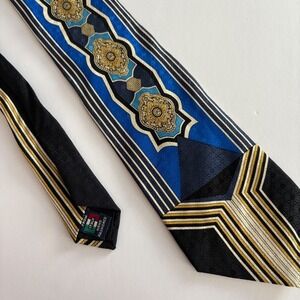 Enrico Gucci Italian Silk Necktie Blue Gold Geometric Pattern Formal Menswear